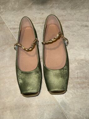 Women’s Olive Green Satin Mary Jane Flats with Gold Chain